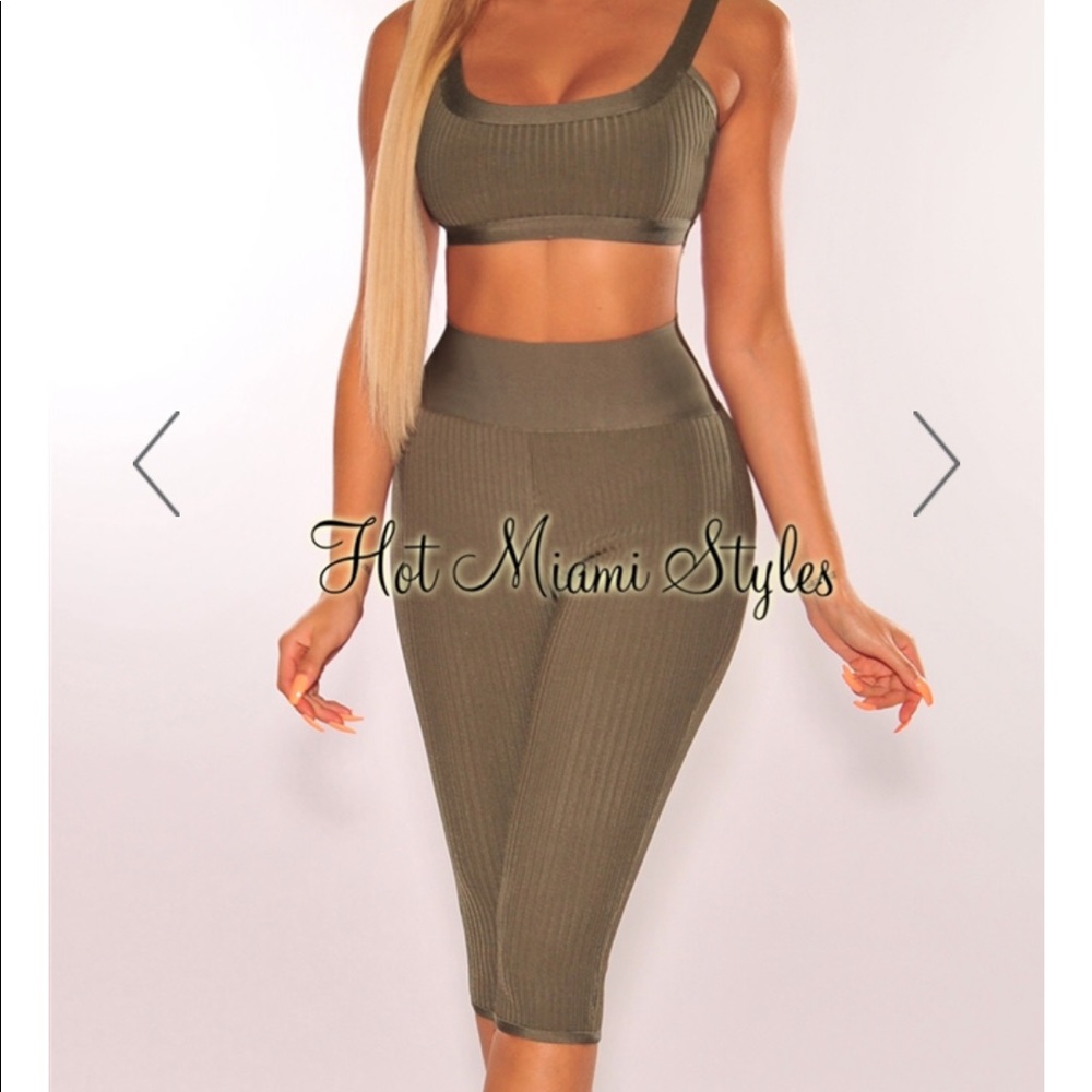 Olive Bandage Ribbed High Waist Two Piece Set